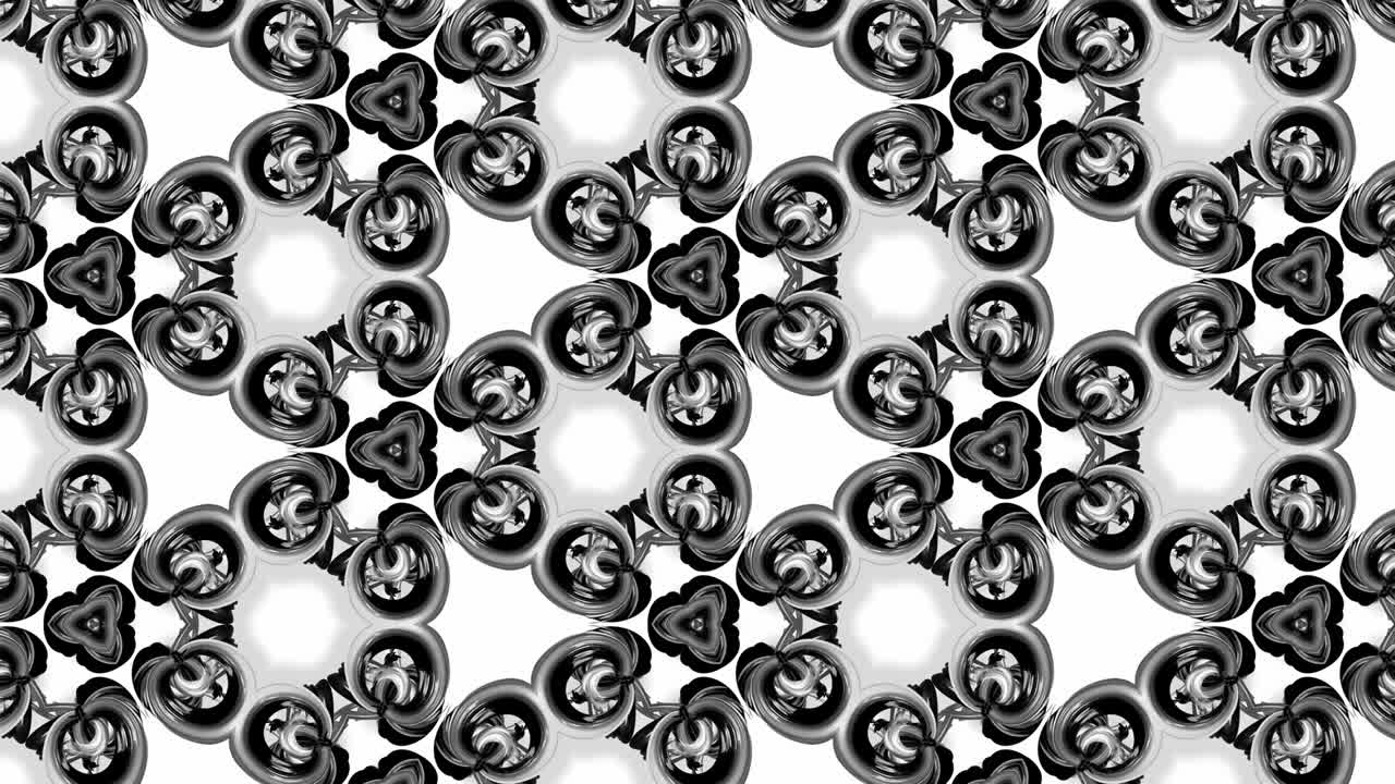 리본과 함께 검은색과 색 패턴의 4k 원활한 루프 애니메이션은 휘어지고 대칭 장식 패턴이나 칼레도스코프와 같은 복잡한 원형 구조를 형성합니다.