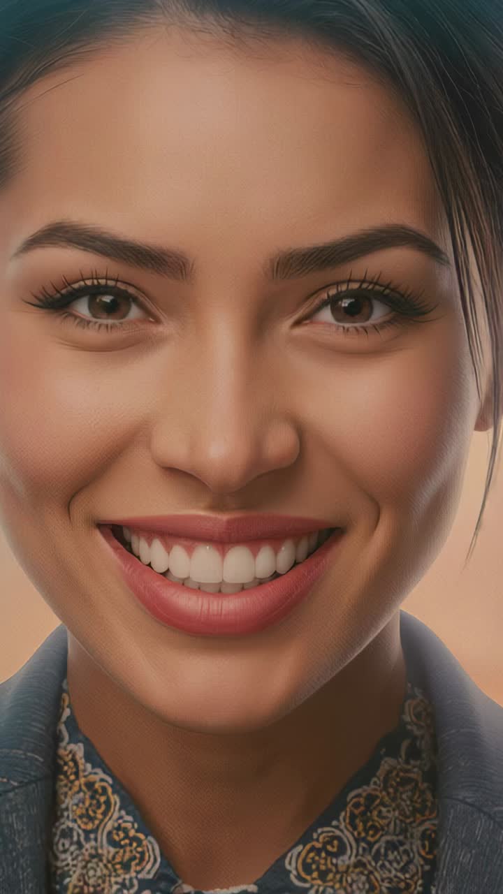 Vertical video: Recording starting, woman in blazer smiling, holding gaze in studio portrait makeup