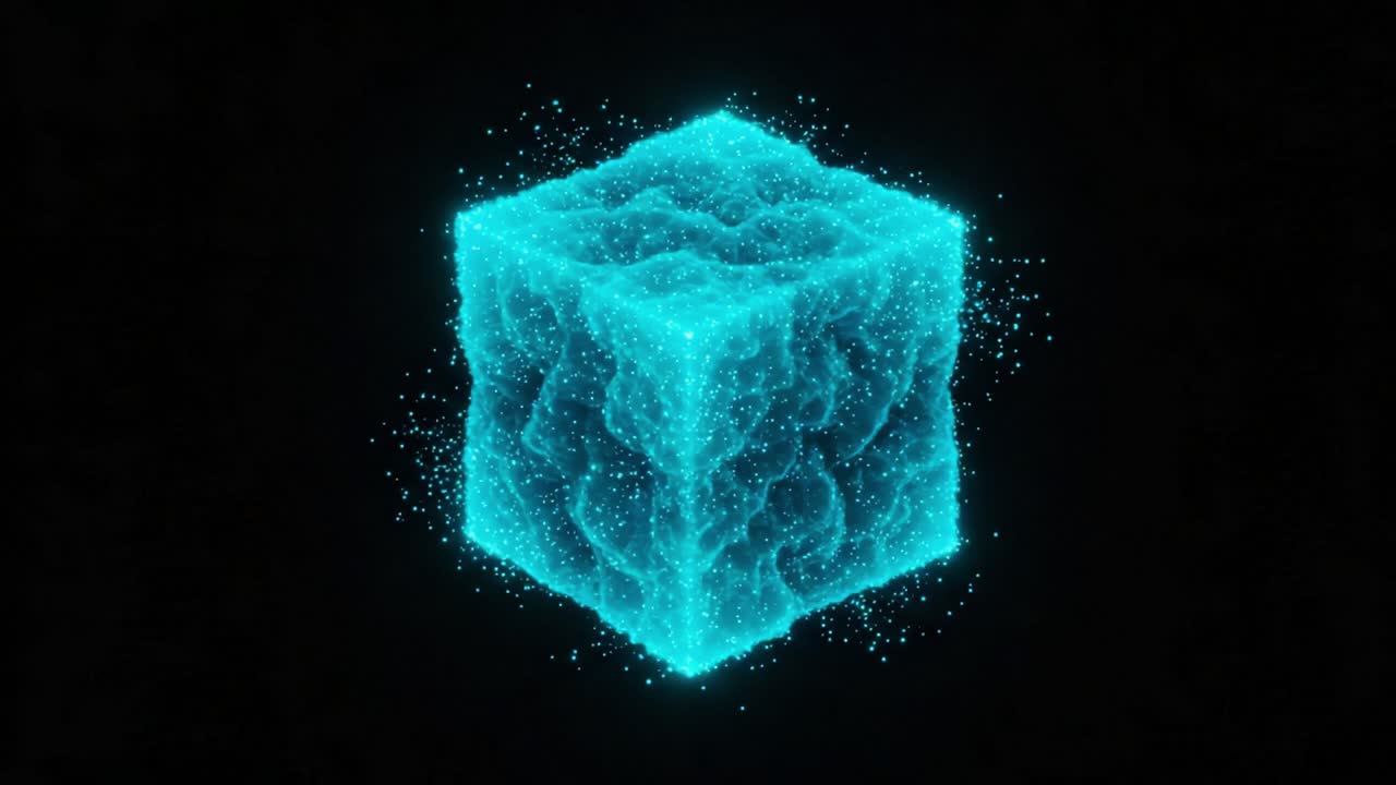 A Stunning Glowing Cube in an Abstract Digital Environment, Showcasing Intricate Patterns and Bright Blue Colors in a Dark Background, Perfect for Visual Effects and Graphics Inspiration