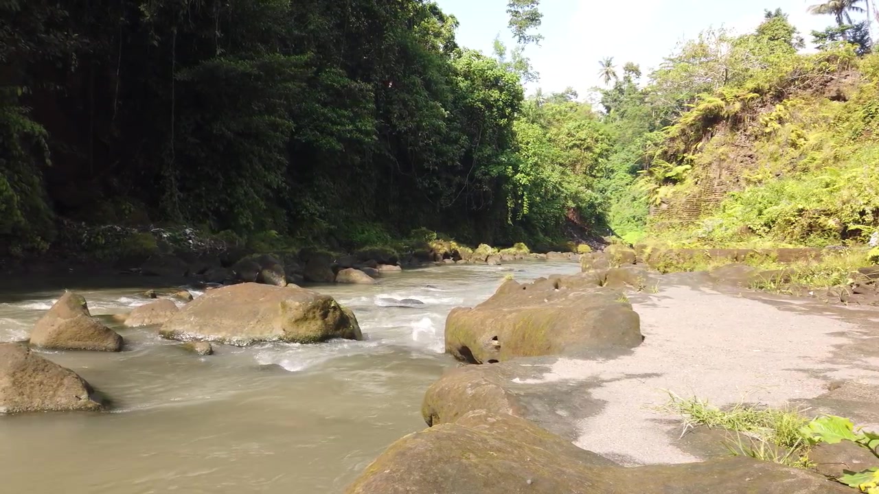 Acqua, rapide del fiume, massi muschiosi, canyon nella giungla, fiume Petanu, Ubud, Bali, Indonesia.