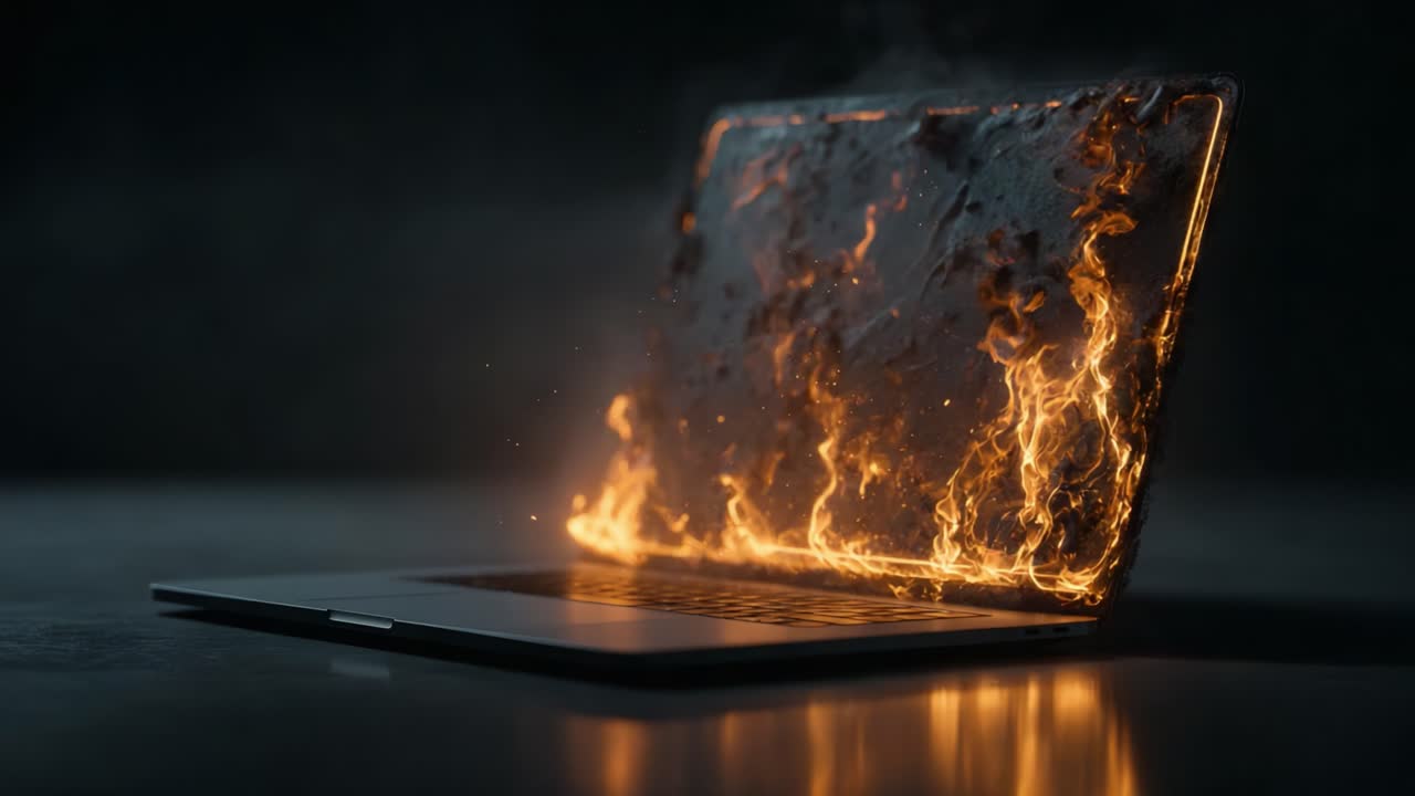 En dramatisk skildring av en MacBook Pro som slukas av lågor, med surrealism och antändning där elden dansar över skärmen och enheten