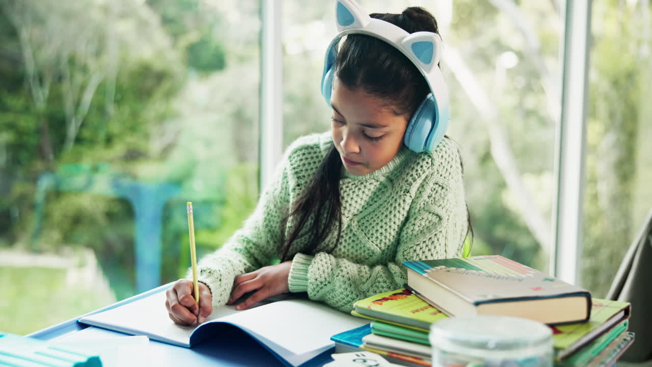 Girl studying with headphones on
