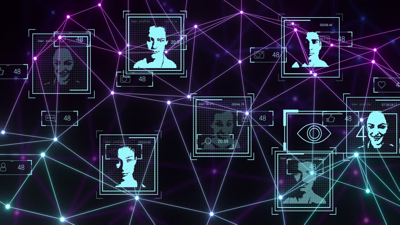 흑색 바탕에 연결 네트워크와 생체인식 사진의 애니메이션