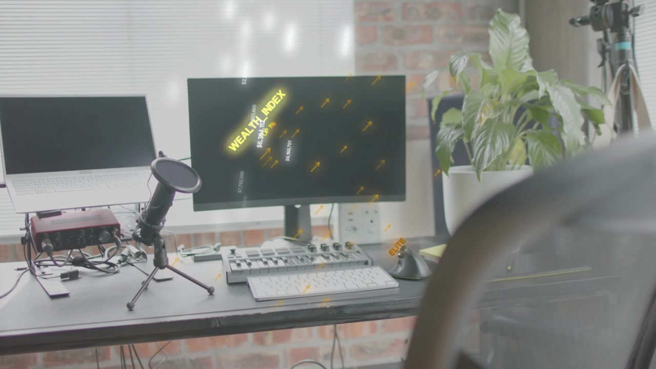 Desk monitor and mic waking, showing WEALTH_INDEX, markers drifting, mic tilting aiding designers