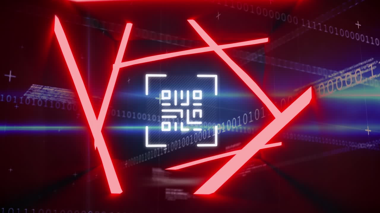 animación digital de código qr brillante y líneas de neón rojo sobre procesamiento de datos en fondo negro