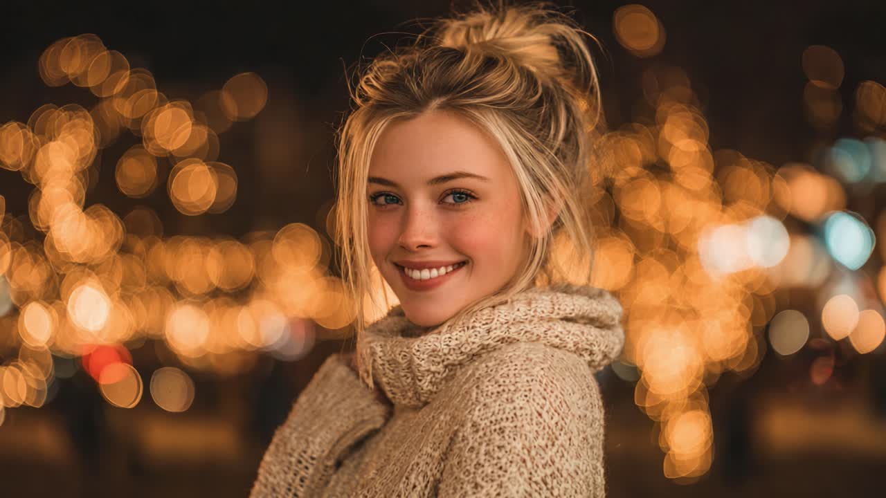A Joyful Scene Captured During the Evening Hours, Featuring a Young Woman Smiling Warmly Against a Backdrop of Glowing Lights in a Cozy Sweater
