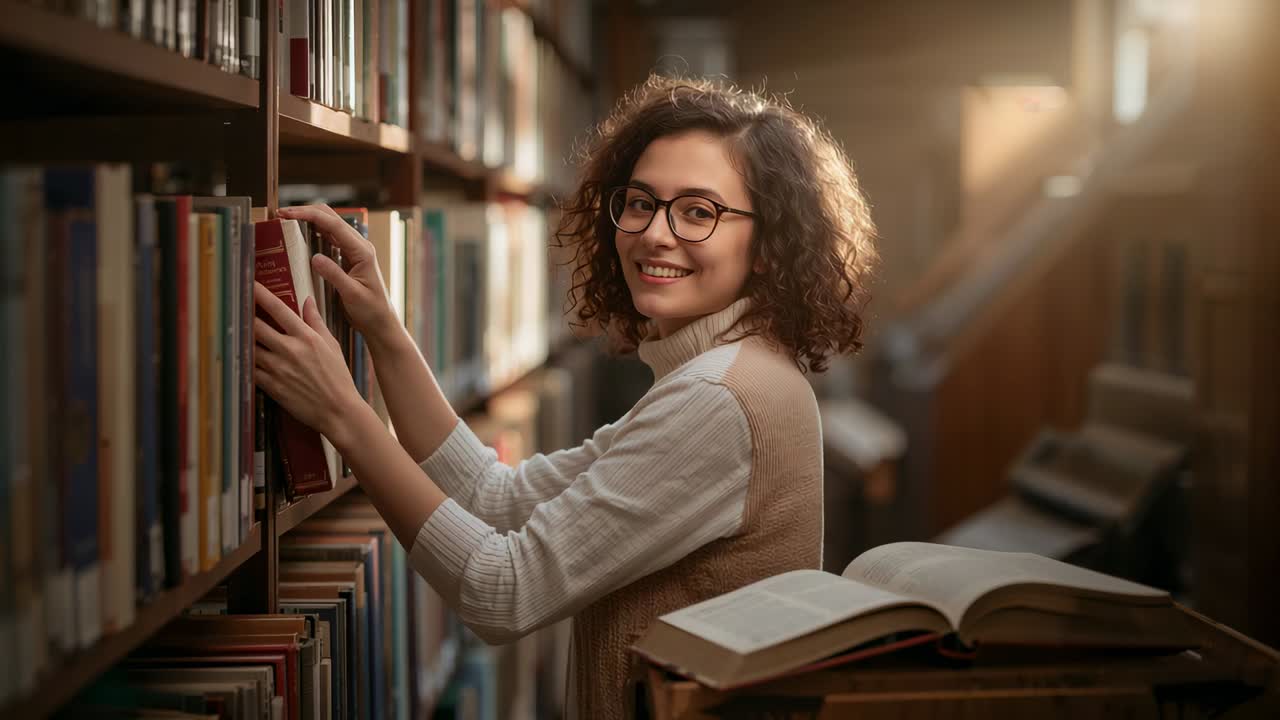 Glancing to open book woman wearing turtleneck reaching for red-spined book at library for research