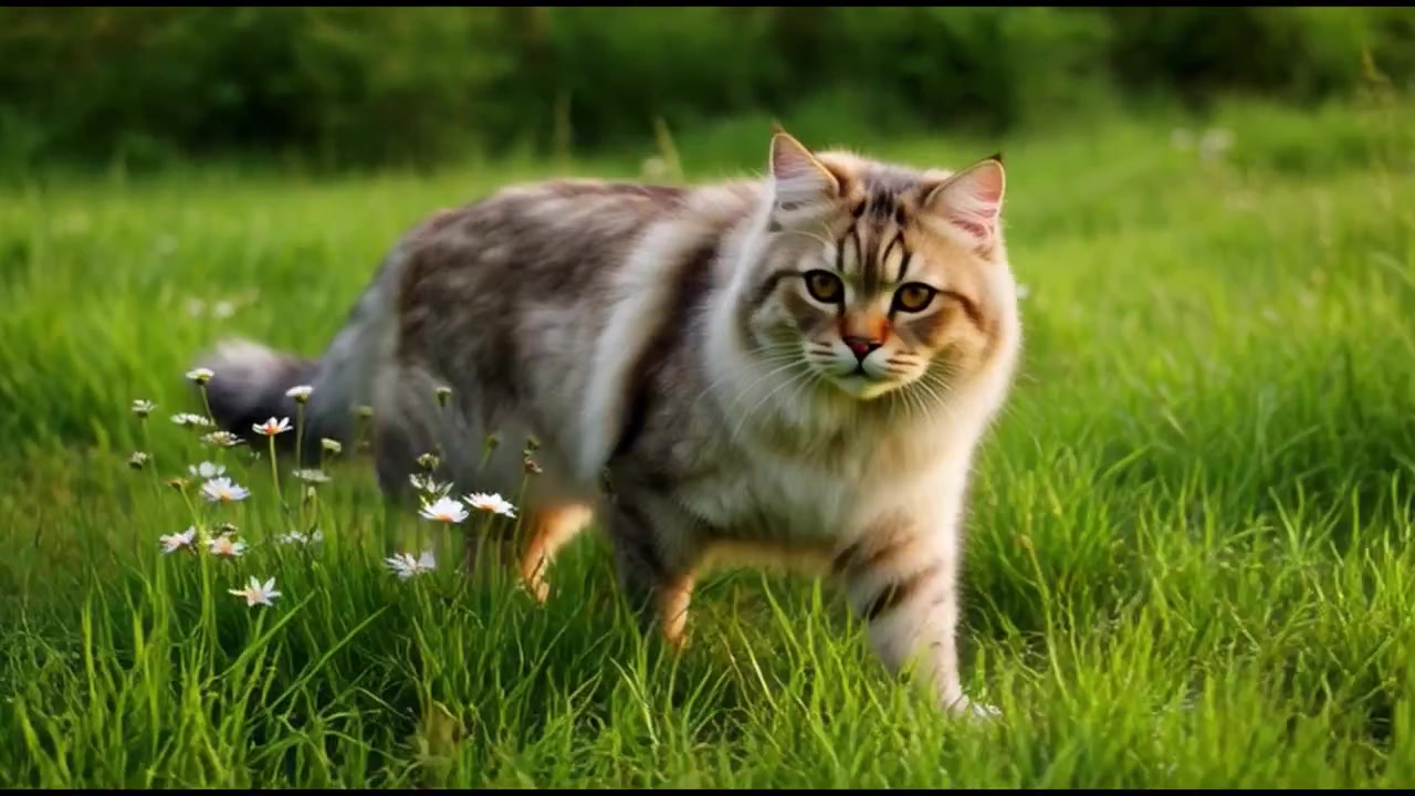 Gatto soffice che cammina attraverso erba verde e fiori.