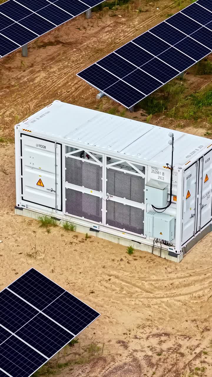 Solpaneler og enhed på en mark, luftfoto af vedvarende energiopsætning