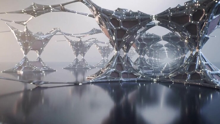 Moving camera forward into chrome lattice in studio, hand occluding left, revealing reflections