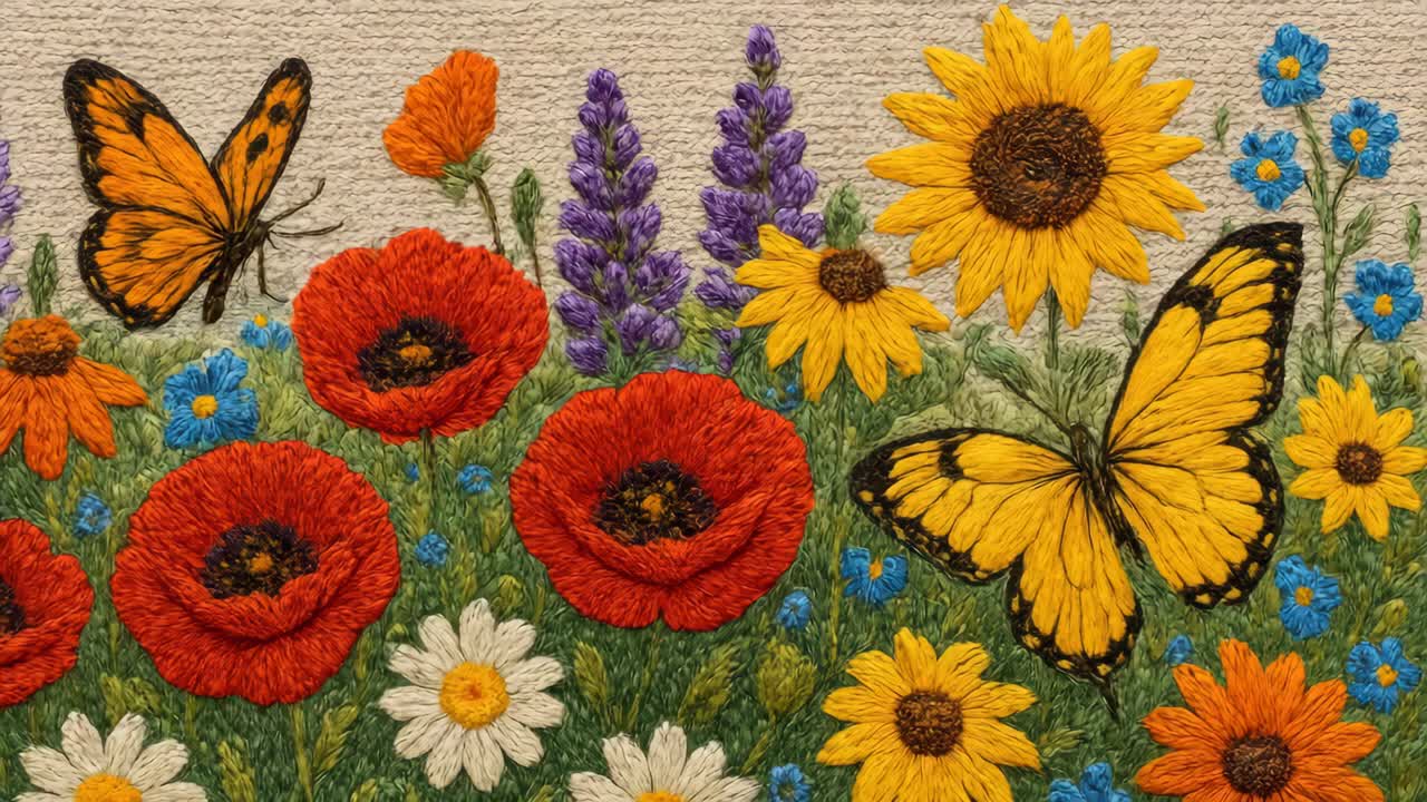 Colorful embroidery of butterflies and flowers in a meadow