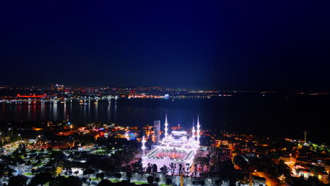 striking illumination of the mosque at night. aerial scenery of beautiful istanbul, turkey