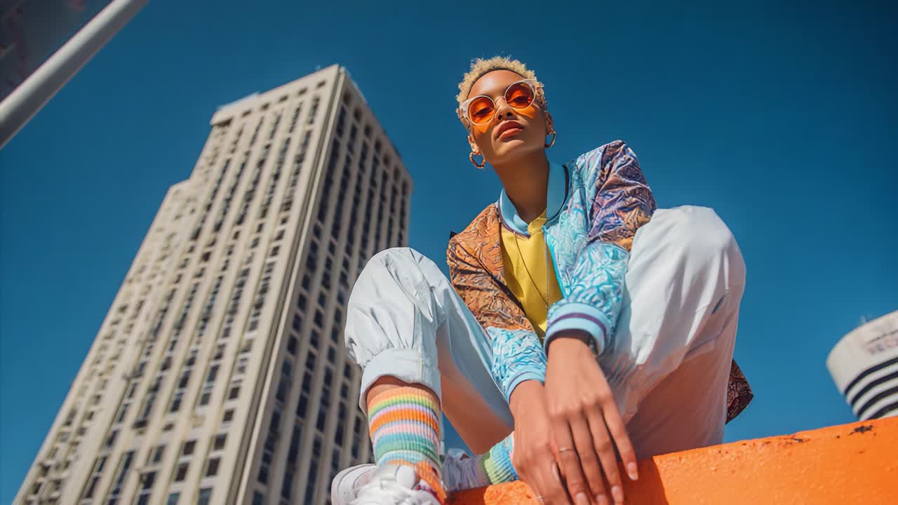 A Vibrant Fashion Statement Captured in Midair as a Stylish Individual Leaps Against a Clear Blue Sky, Showcasing Creative Urban Styling with a Bold and Colorful Ensemble