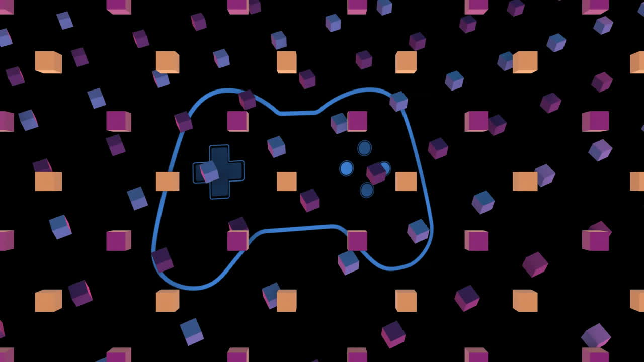 Floating colorful cubes with game controller outline on black background animation