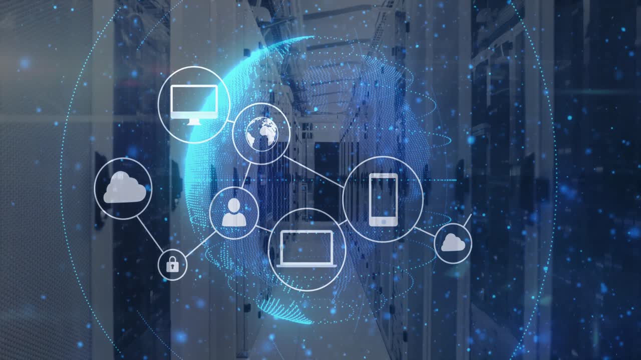 Animation of data processing and globe with icons over server room