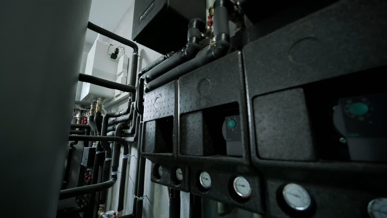 un hombre está instalando el sistema de calefacción en la casa. interior de la sala de calderas de la casa con sistema moderno de calentamiento de agua