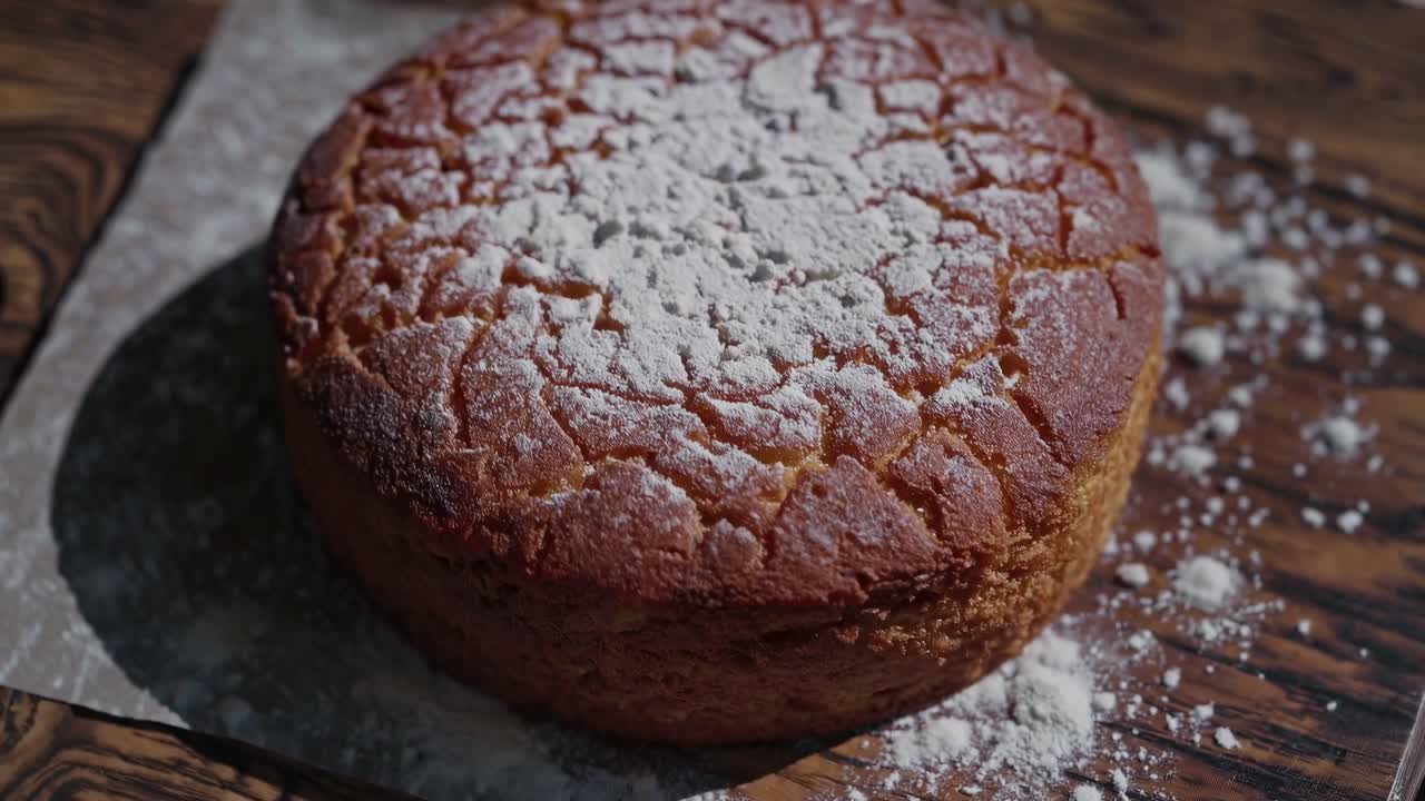 Top-down video shot of a rustic, round cake dusted with powdered sugar on a wooden table