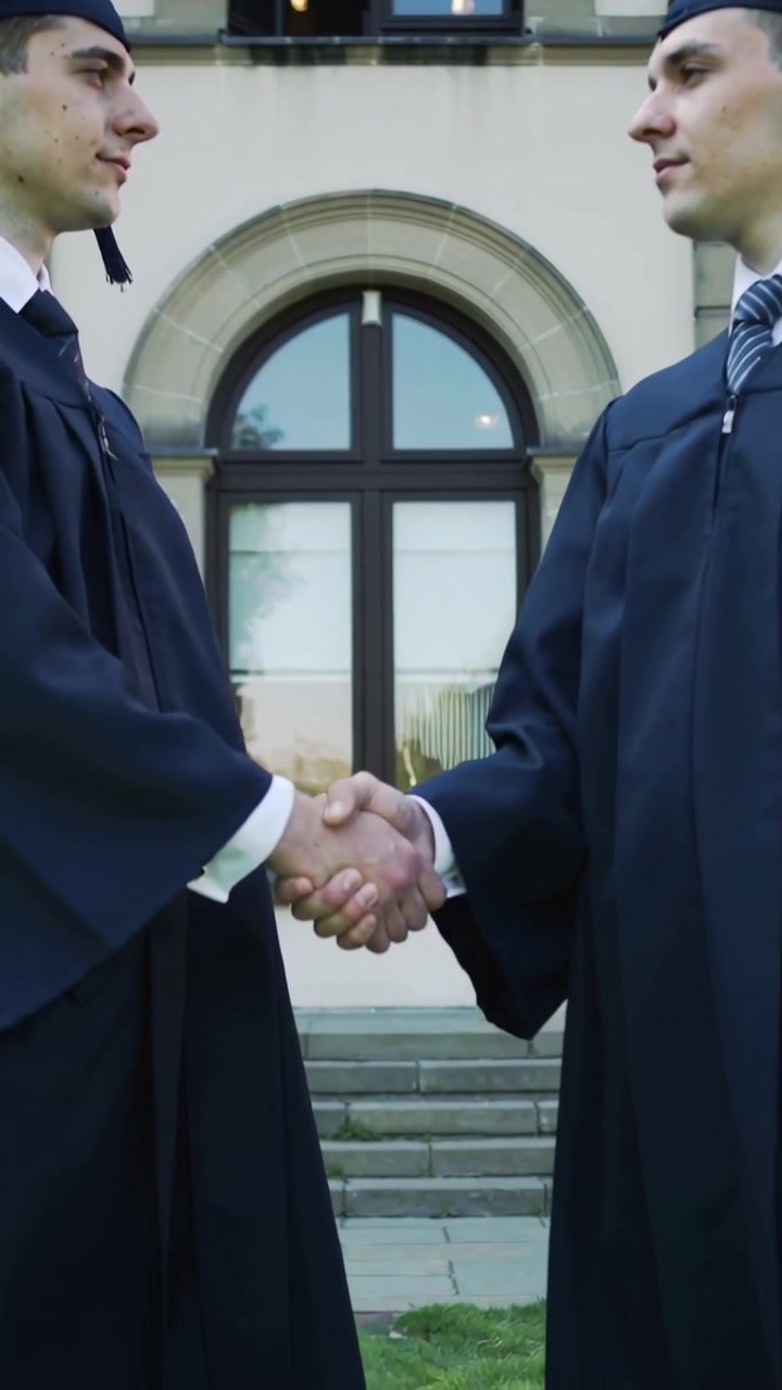 Video verticale: Stringendosi la mano dopo il contatto visivo, due laureati sui gradini che festeggiano con tocco e toga.