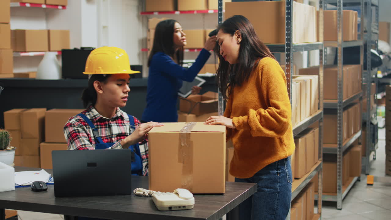 Warehouse workers in a storage facility