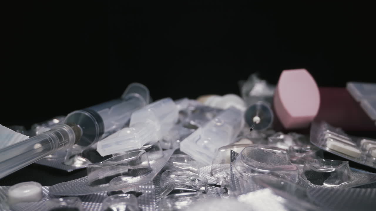 백신과 약물을 가진 주사기  ⁇ 풀을 검은색으로 치료합니다.