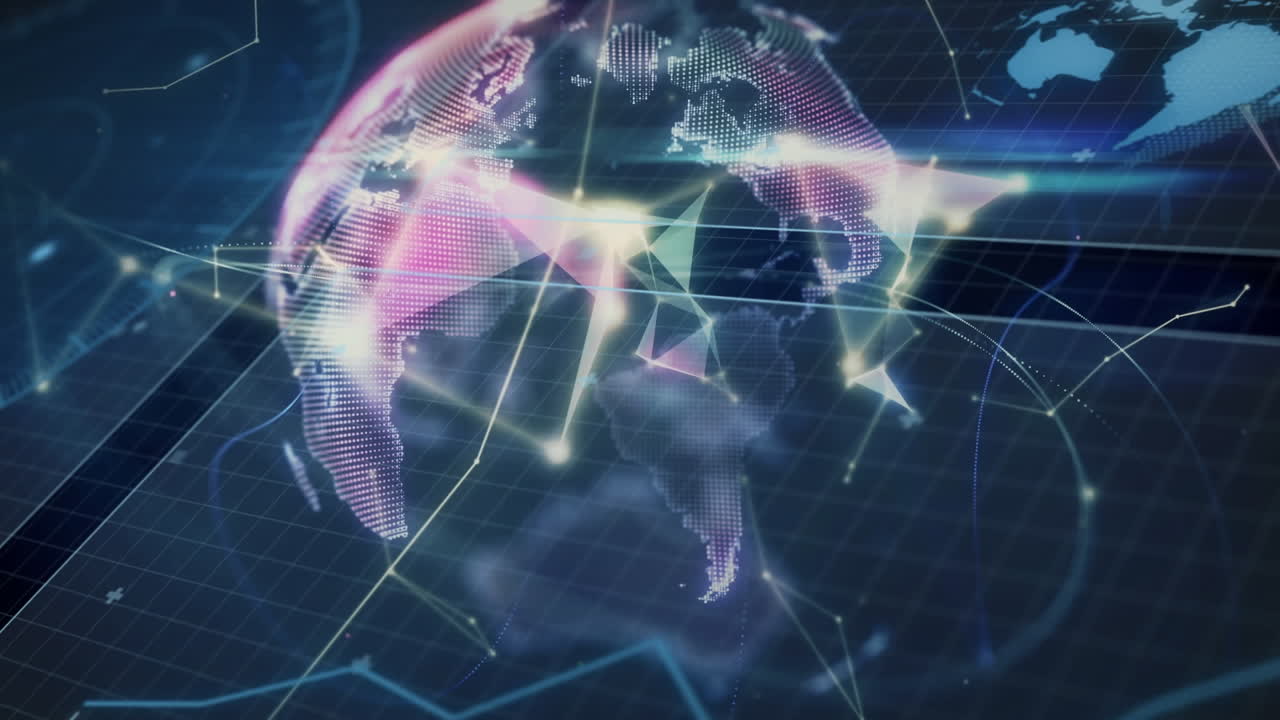 Animation of interface with data processing and globe of plexus networks against black background