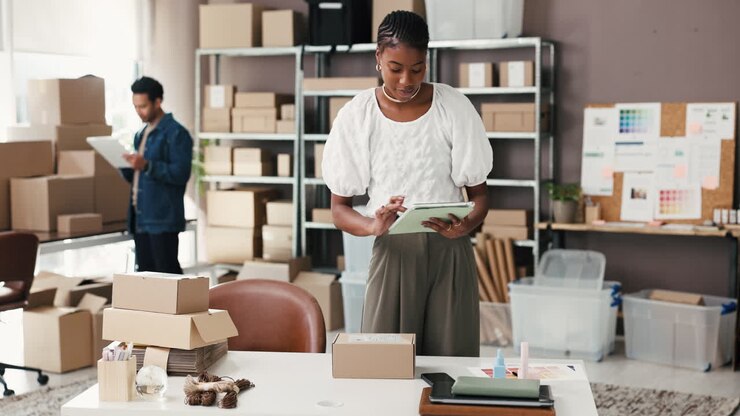 Donna che scansiona un pacco con un tablet in un ufficio e-commerce