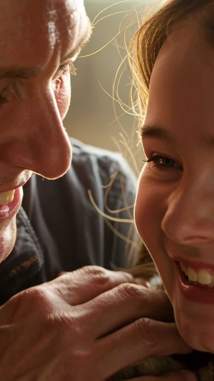 Vertical video: Leaning father smiling, hand touching daughter knit sweater, comforting by window
