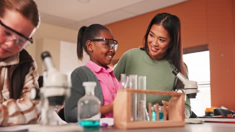 science classroom scene with teacher and students