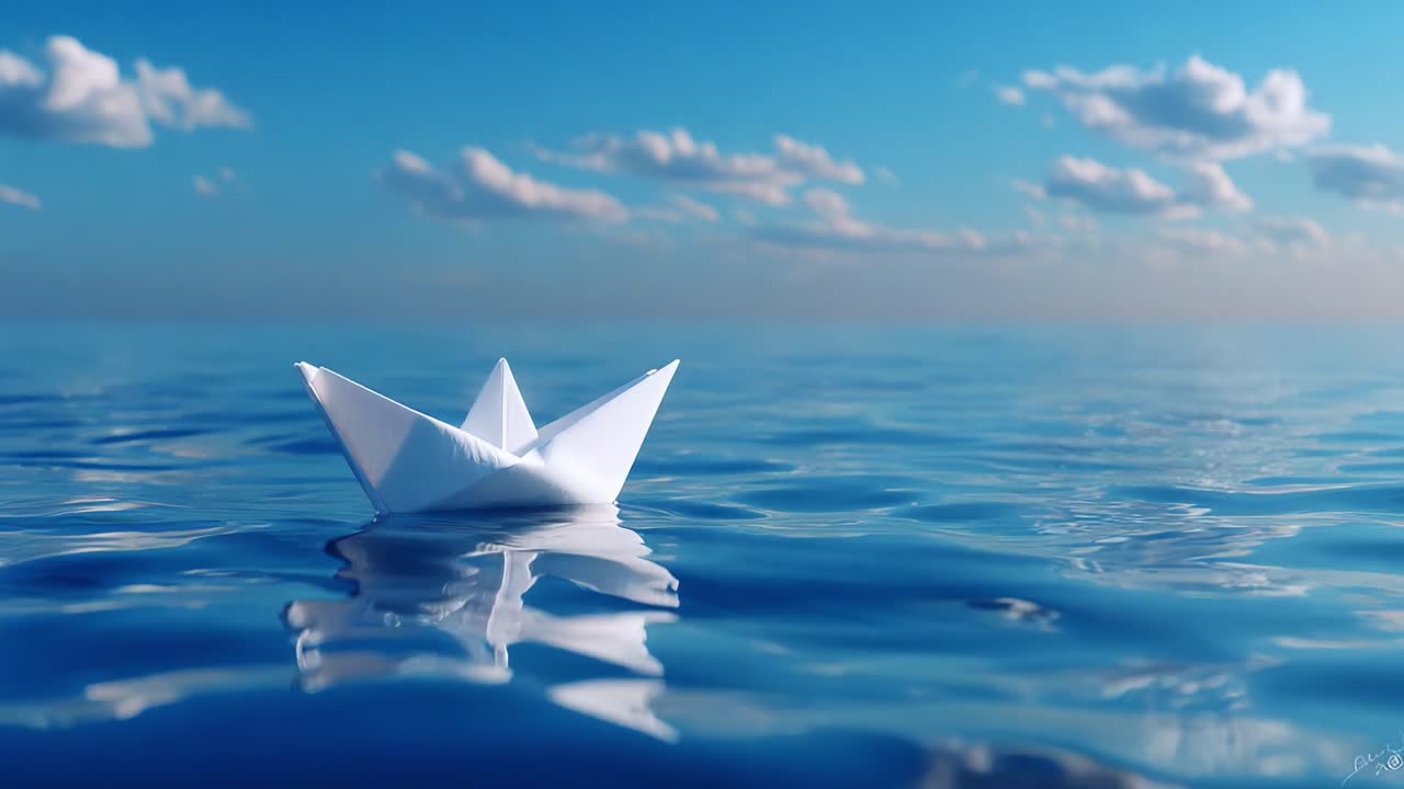 A serene and whimsical paper boat gently floats on the tranquil surface of a vast and calm ocean, reflecting the bright blue sky and soft white clouds, inviting viewers to dream and explore endless horizons