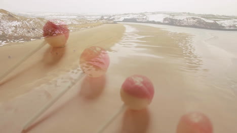 lollipops with pink and white colors decorating sandy beach near water