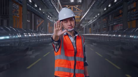 worker gesturing stop in industrial setting