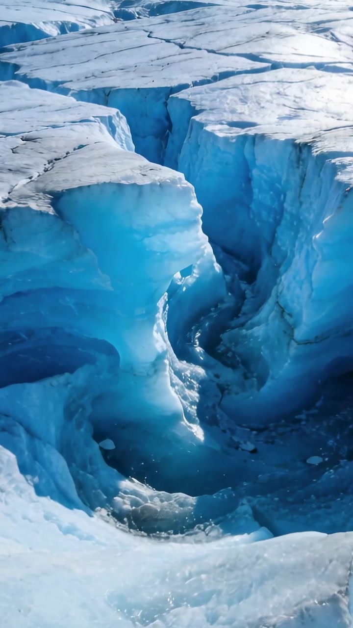 Video verticale: Telecamera scorrevole con inquadratura dall'alto che rivela lo scioglimento in una profonda fessura con pareti blu, schiuma.