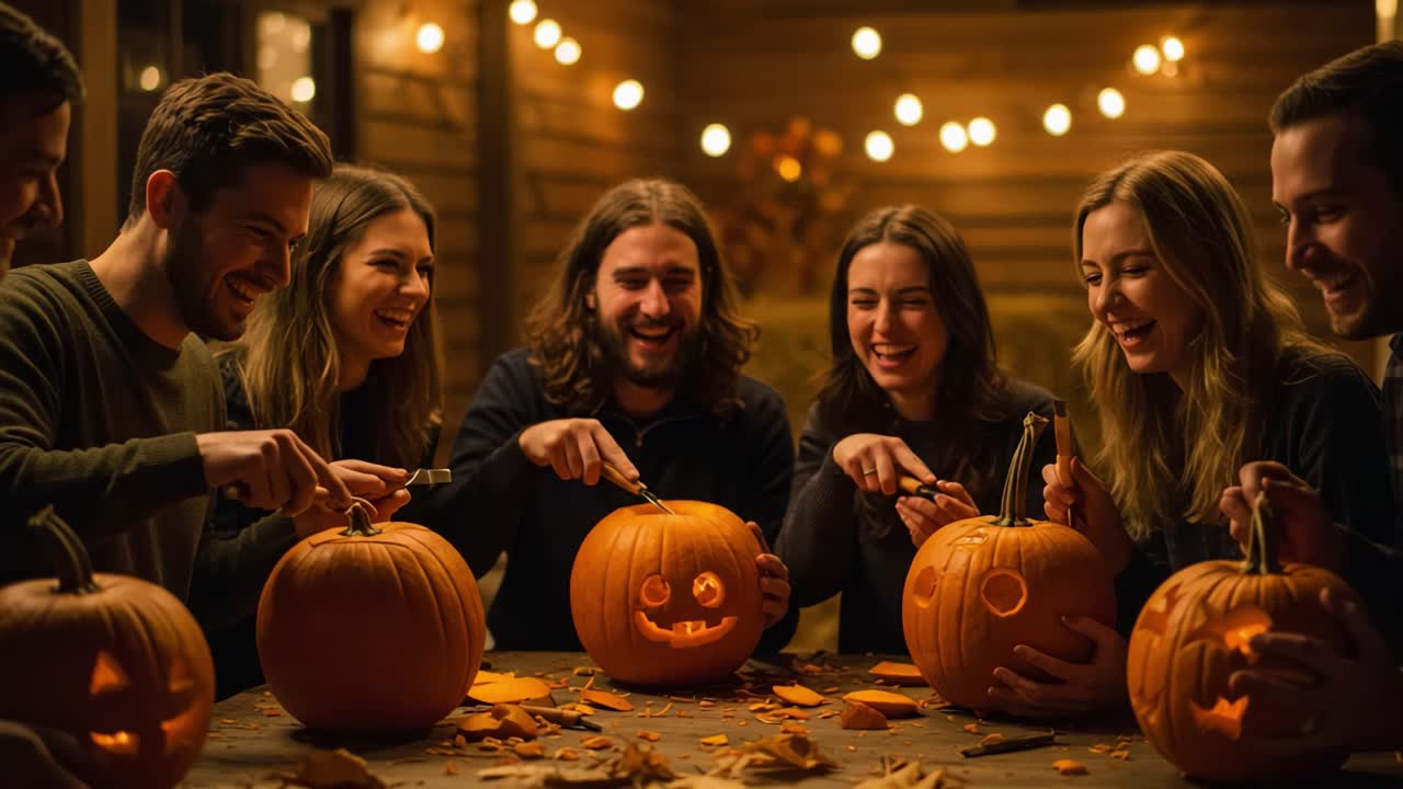 Friends Carving Halloween Pumpkins Together