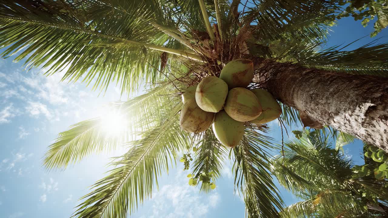A Stunning View of a Coconut Palm Tree with Lush Green Leaves and Ripening Coconuts Under a Bright Sky and Shining Sun, Capturing the Essence of Tropical Paradise