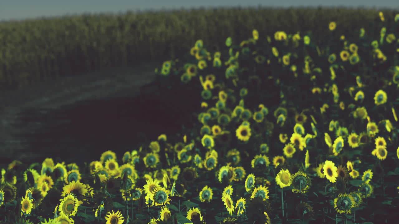꽃이 피는 해바라기 들판 의 배경 은 해가 지는 곳 이다
