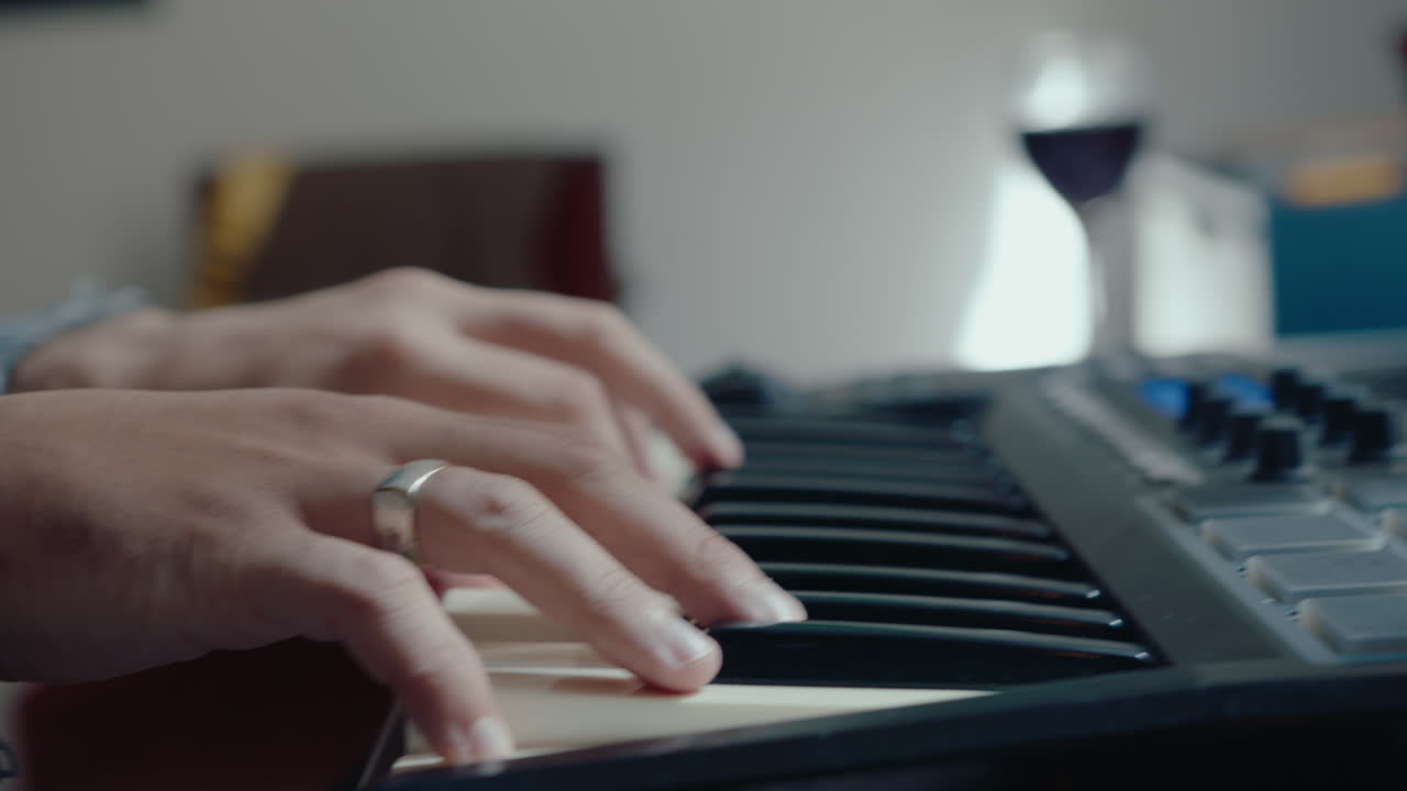 Hands of Musician Playing Synthesizer and Recording Track