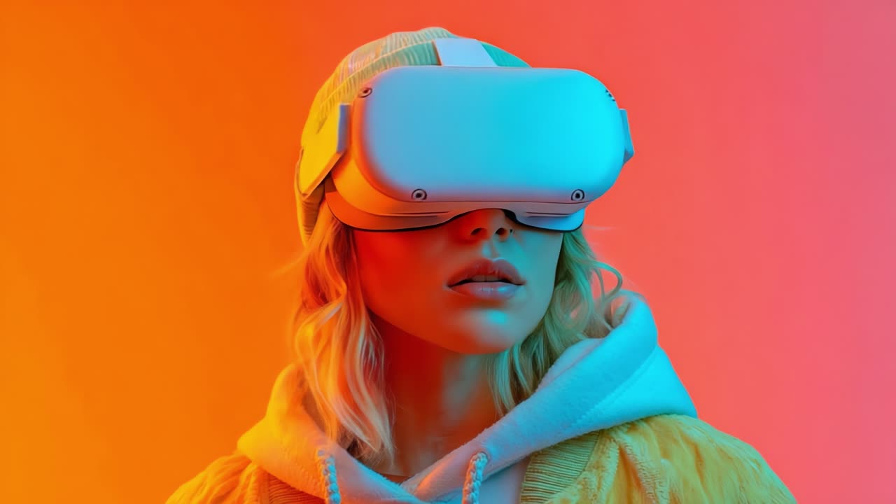 Exploring New Dimensions: A Modern Individual Embracing Virtual Reality Technology with Innovation and Style in a Vibrant Colorful Setting