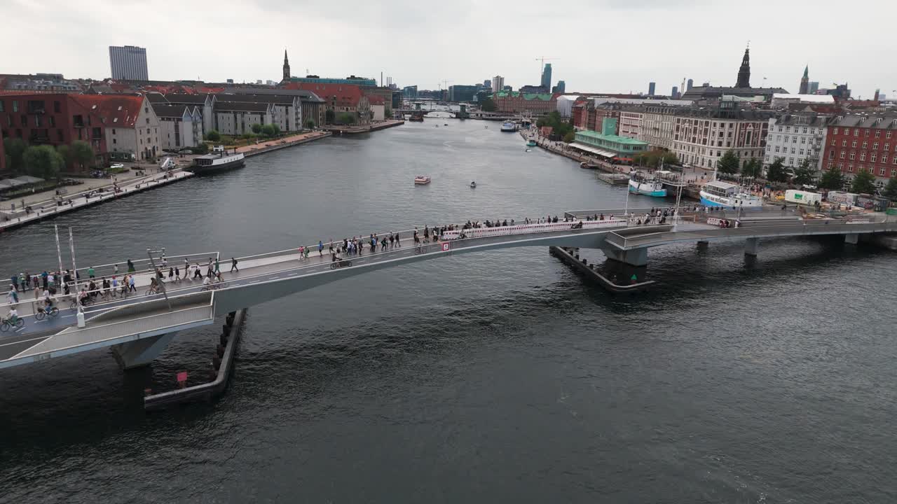Aerial - pedestrians and cyclists on Lille Langebro bridge, Copenhagen
