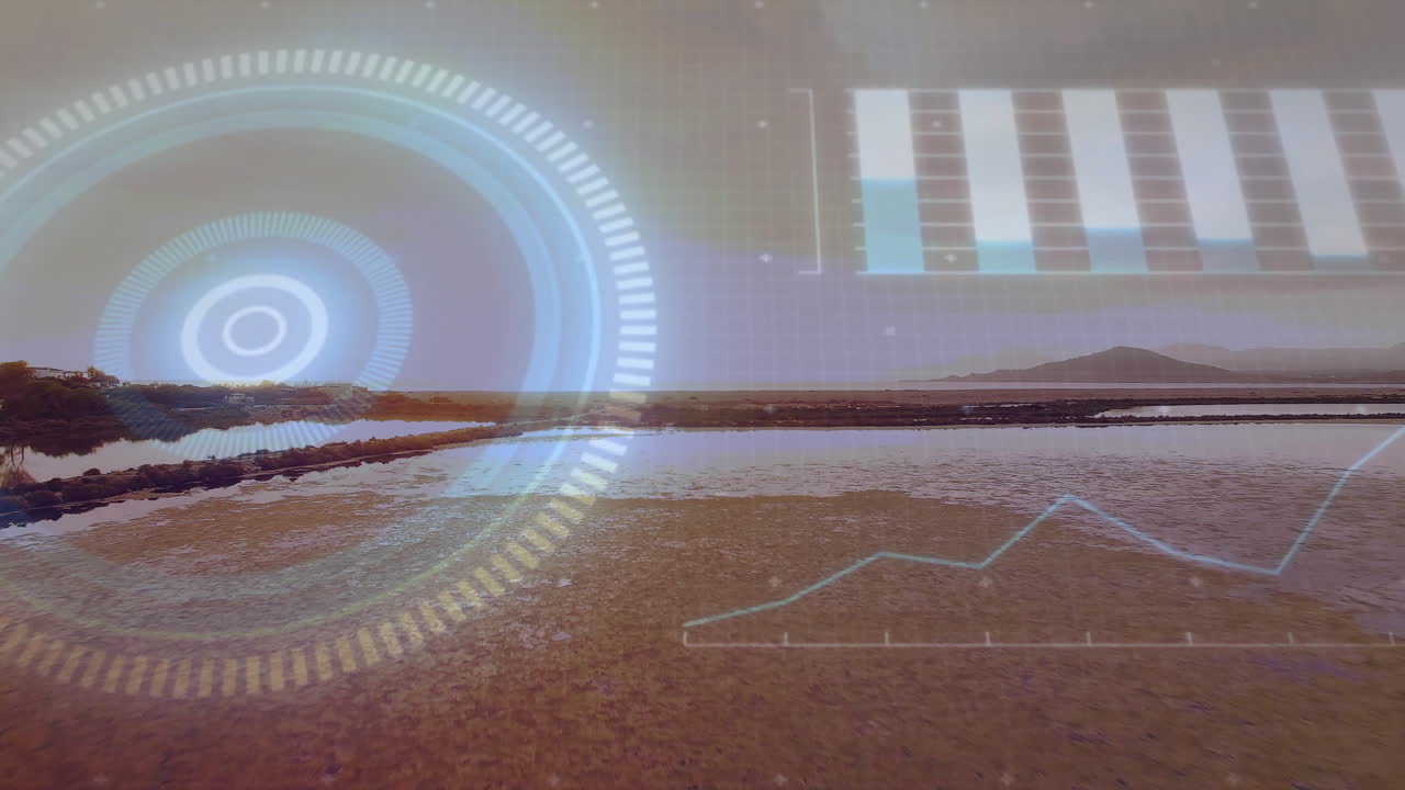 Coastal salt flats showing translucent HUD overlay while charts flowing across water pools