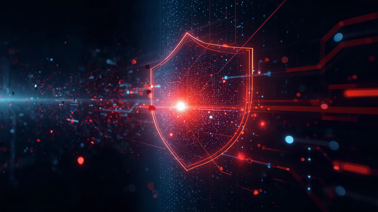 Pulsing neon digital shield brightening in dark digital field, incoming particles causing red flare