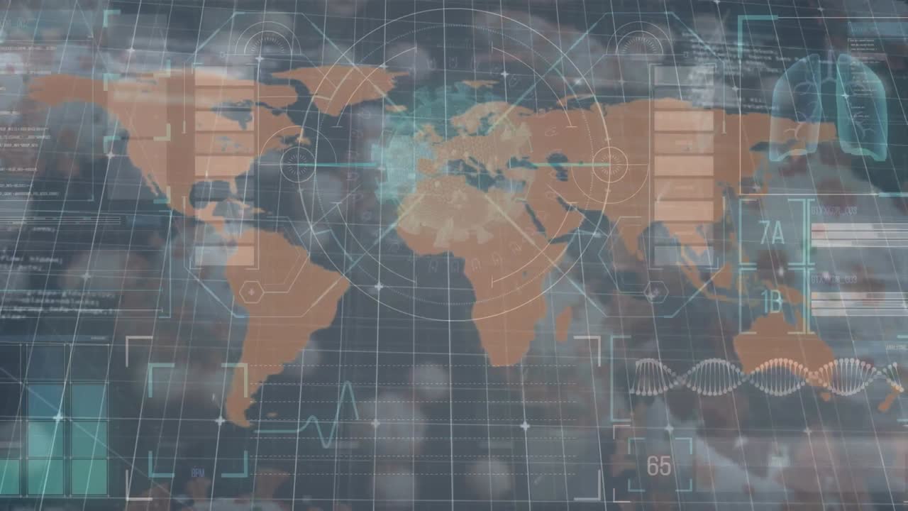 animación de células de covid 19 y procesamiento de datos en el mapa del mundo