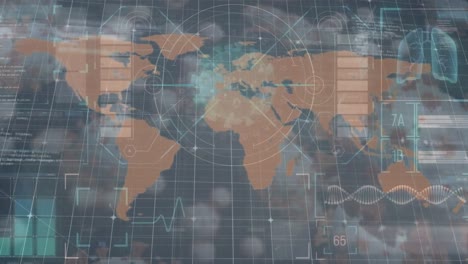 animación de células de covid 19 y procesamiento de datos en el mapa del mundo