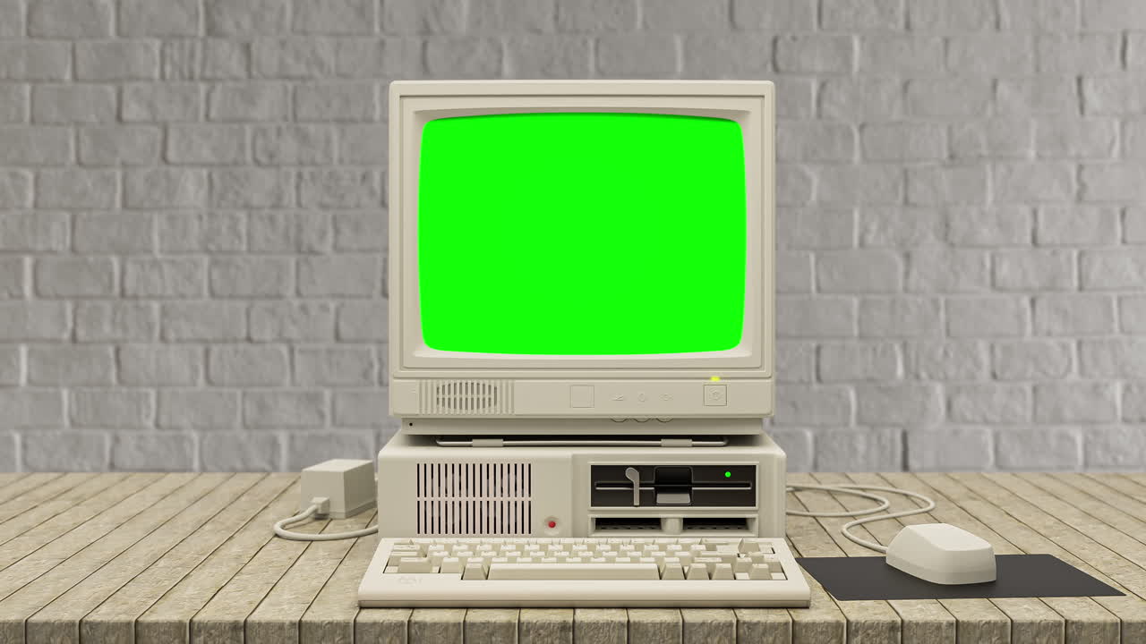 il vecchio pc che inizia con glitch e lo schermo verde si accende e si spegne avviando il computer vintage 4k