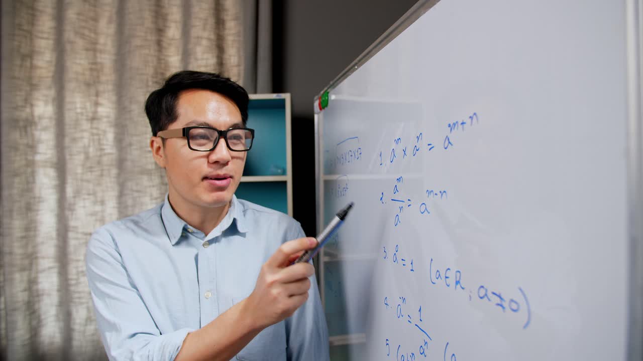 Asian Teacher Man Explaining On Whiteboard
