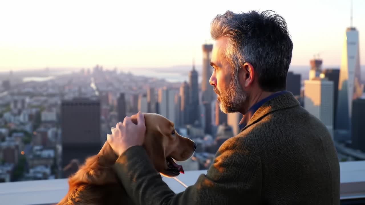A Heartwarming Moment: A Man and His Dog Enjoy a Serene Sunset View Over the City Skyline, Capturing the Bond Between Humans and Their Canine Companions