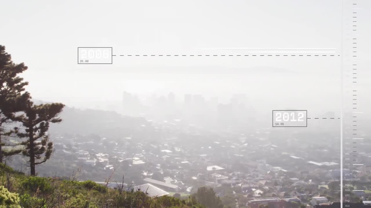 하늘 아래의 실루 ⁇  도시 풍경의 공중 전망 위에서 디지털 화면에서 해가 바뀌는 애니메이션