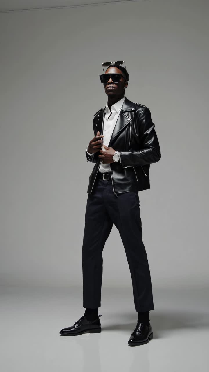 Stylish man in leather jacket and sunglasses, captured from a low-angle, exuding confidence