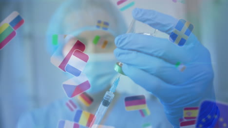 animation of country flag icons over caucasian female doctor filling syringe with covid-19 vaccine