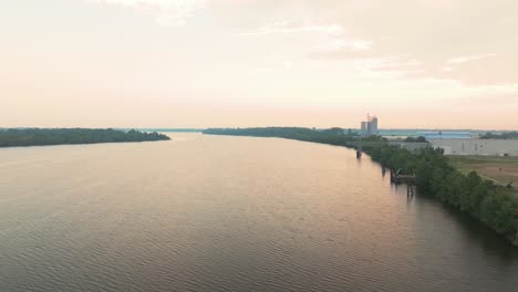 An-aerial-morning-view-of-the-Arkansas-River-in-Pine-Bluff,-Arkansas