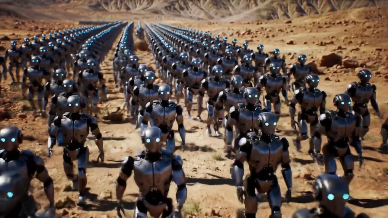 A Vast Legion of Advanced Robots Marching Across a Rugged Landscape, Showcasing a Futuristic Military or Exploration Scenario in a Distant Terrain